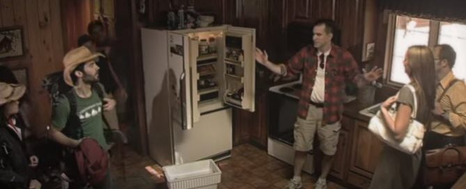 Campers assembled in one cabin, scene from trailer