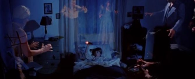 Girl in bed holding flashlight as ghosts approach from all sides